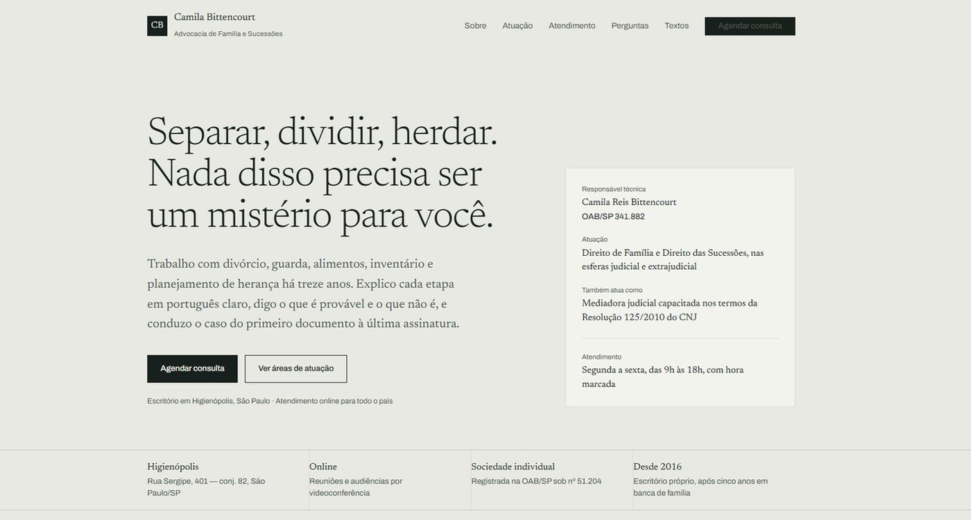 Página inicial do site da advogada Camila Bittencourt