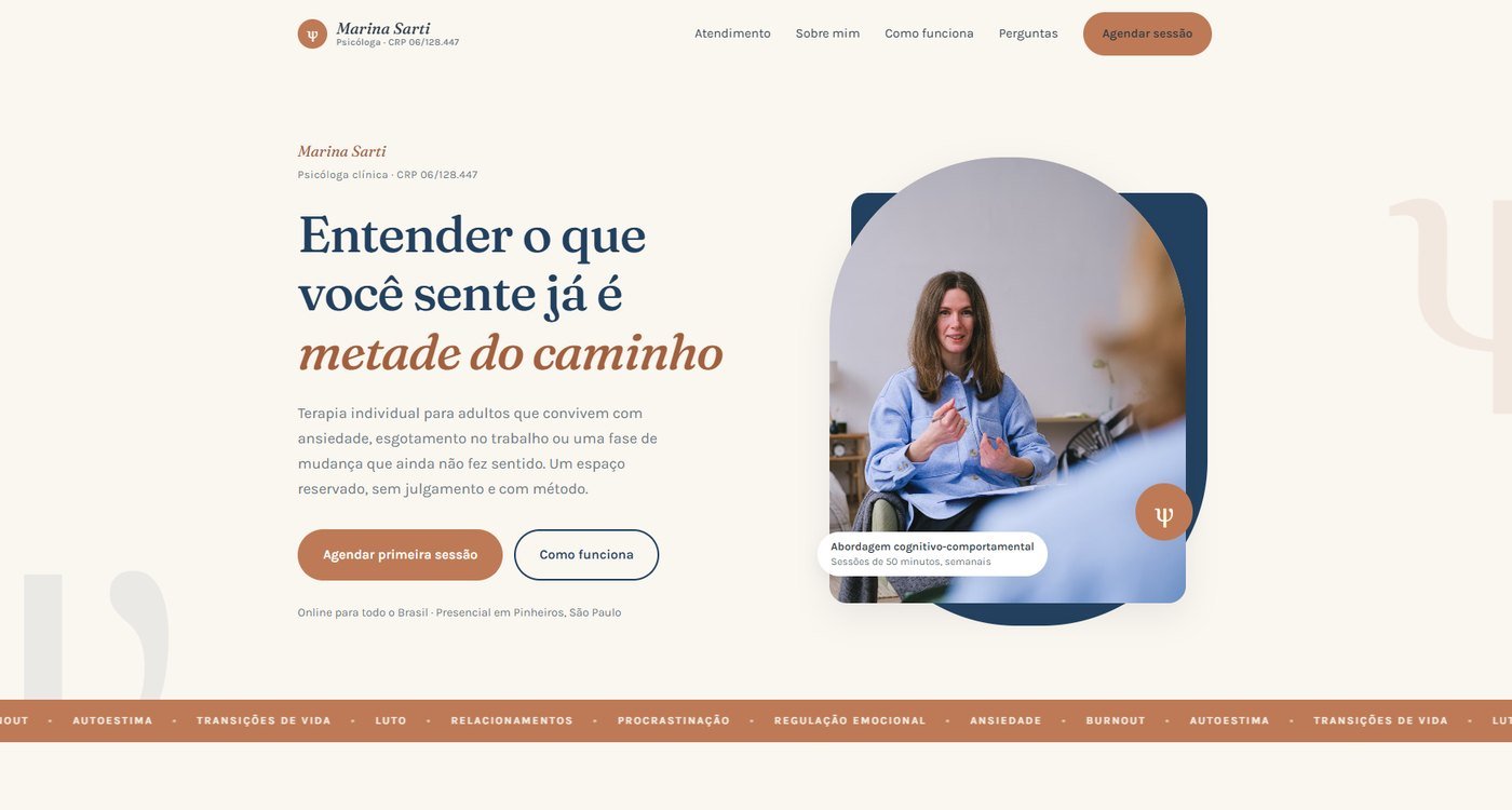 Página inicial do site da psicóloga Marina Sarti