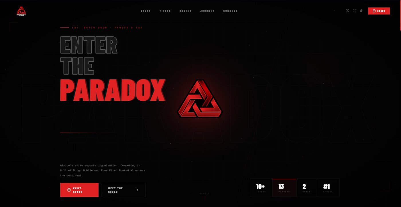 Página inicial do site da ParadoX Gaming, organização de esports africana